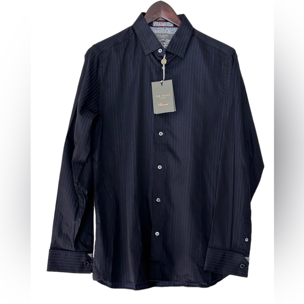 Ted Baker Phormal Black/Blue Striped Shirt Neck Sz 15/Ted Sz 2/Small NEW NWT